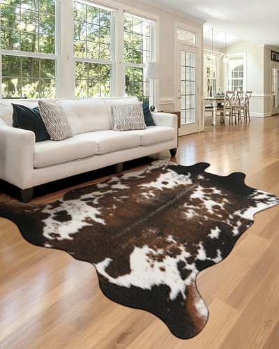 WMT NVMTER Faux Cowhide Rug, Fluffy Fur 4.6x5.2 Feet Washable Cow Print Rug for Living Room Bedroom Animal Print Hide Skin Rustic Western Décor Black and Brown