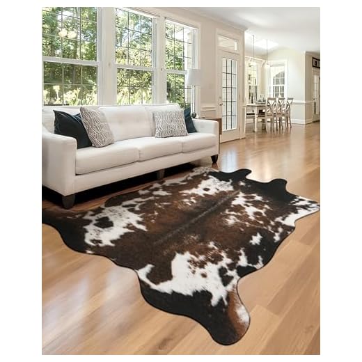 WMT NVMTER Faux Cowhide Rug, Fluffy Fur 4.6x5.2 Feet Washable Cow Print Rug for Living Room Bedroom Animal Print Hide Skin Rustic Western Décor Black and Brown