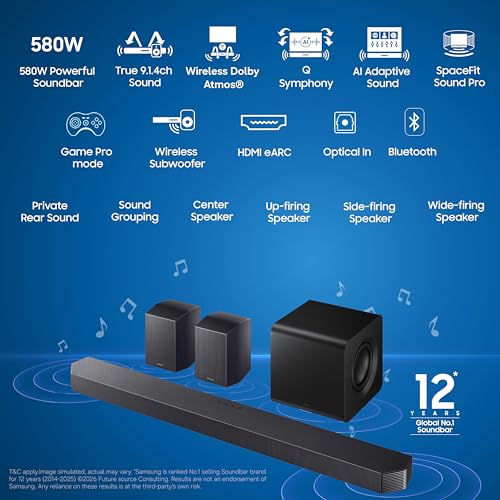 Image of Samsung 580 W True 9.1.4 ch Full Surround Soundbar with Wireless Dolby Atmos | Center-Up-Side-Front Wide-firing Speakers | Alexa | Wi-Fi | HDMI eARC | Optical In | Bluetooth (HW-Q930H /XL, Titan Black)
