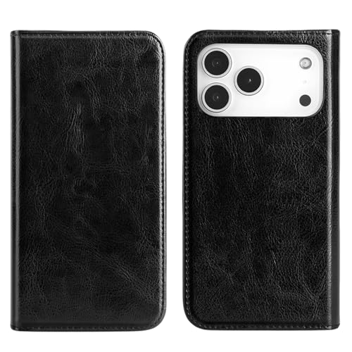 Étui en cuir véritable iPhone 17 Pro portefeuille rabat noir