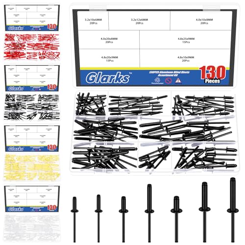 Glarks 130pcs 7 Sizes Balck Aluminum Blind Rivets, Aluminum Grip Steel Mandrel Pop Rivet, Pop Rivets Assortment Kit, Large Flange Rivets for Metal, Furniture, Automotive