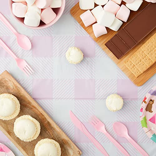 Image of BLUE PANDA Rectangular Plaid Tablecloth - Glamping & Camping Table Cover - Birthday & Picnic Table Covers - Easy-Clean Disposable Tablecloth - Pack of 3, White & Pink - 5 x 9 ft