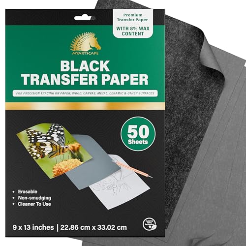 MyArtscape Graphite Transfer Paper - 9 x 13 - 50 Sheets - Waxed Carbon Paper for Tracing (Black)