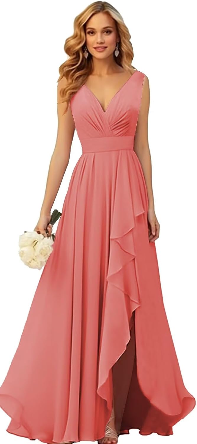 chiffon deep v neckline ruffle slit maxi dress Ruffled Deep V Neck Gown With High Slit 46496