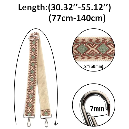 Image of Ivory Sage Green Boho Diamond Purse Strap with Silver Hardware 2 Inch Wide Replacement Crossbody Guitar Style Shoulder Strap for Handbags Totes