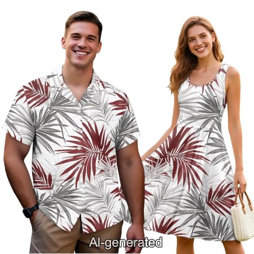 Image of Dreaweet Summer Dresses for Women A-Line Sleeveless Flowy Sun Dresses,Men's Casual Button-Down Shirts,Couple Matching Outfits