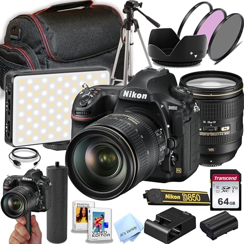 Nikon D850 DSLR Camera with 24-120mm f/4G ED VR Lens | 45.7 MP | 4K UHD + 64GB Memory, LED Video Light, 3pc Fillter Kit, Tripod, Grip and More (Renewed)