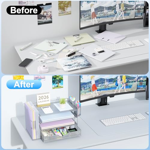 Image of gianotter Desk Organizers and Accessories with File Holder, 4-Tier Desk Accessories & Workspace Organizers with Drawer and 2 Pen Holder, Paper Organizer for Office Supplies (Grey)