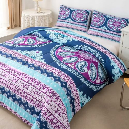 Feelyou Boho Mandala Comforter Set Queen Size Bohemian Medallion Bedding Set For Kids Teens Women Girls Hippie Paisley Comforter Quilt Breathable Teal Purple Exotic Floral Duvet Set Navy Blue Decor Quilt Bed thumb #2