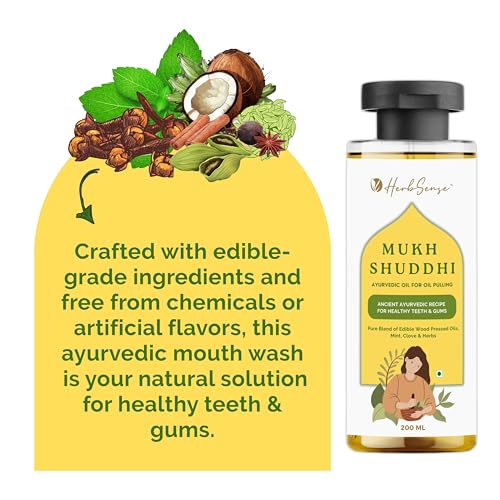 Image of HerbSense Mukh Shuddhi Ayurvedic Oil Pulling 200 ml | Daily Oral Detox Ritual | Natural Mouth Wash for Healthy Teeth & Gums | Coconut, Clove & Mint Infused