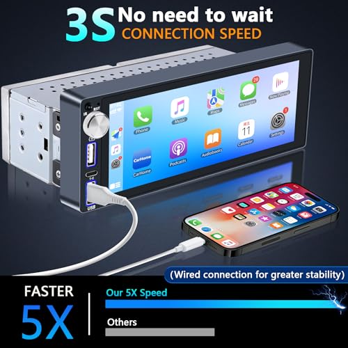 Image of Single Din Car Stereo with Apple Carplay Android Auto,6.9 Inch IPS Touchscreen, 1 Din Car Audio Receivers wtih Bluetooth Handsfree /FM /AM /Dual USB /Type-C /EQ /SWC /GPS Navigation /Backup Camera /Microphone
