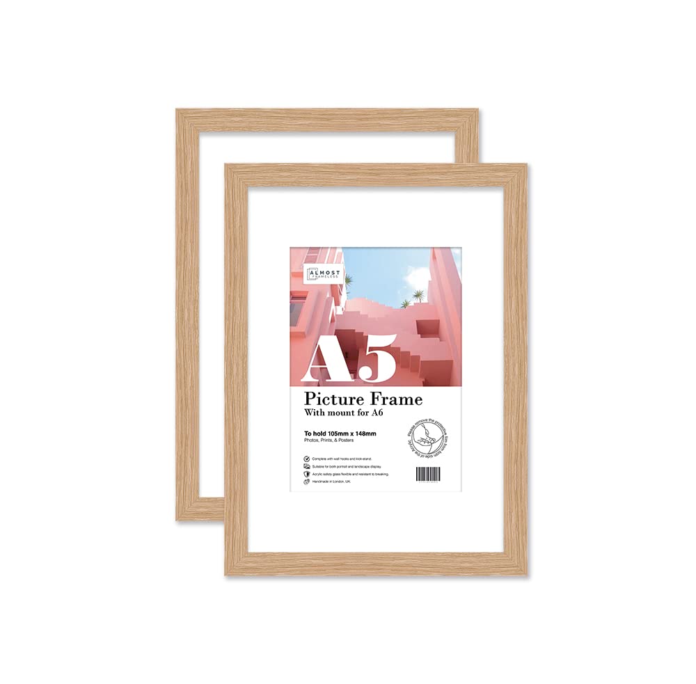 Almost Frameless A5 Oak Picture Frame Set of 2, Display A6 Pictures with Mount or A5 Without Mount Gallery Wall, Poster, Photo, Artwork, or Print, Oak