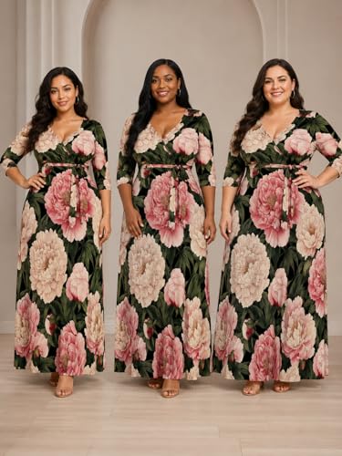 Image of SUZONANA Plus Size Dresses for Women Floral Print Maxi Dress Flowy 3 /4 Sleeve with Belt