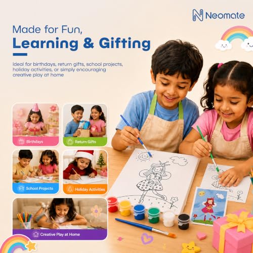 Image of Neomate Canvas Painting Kit for Kids | DIY Painting Set with 1 Printed Canvas, 6 Acrylic Paint Pots & Brush | Art and Craft Kit, Paint Kit for Kids, Birthday Gift, Return Gift, Creative Activity Set