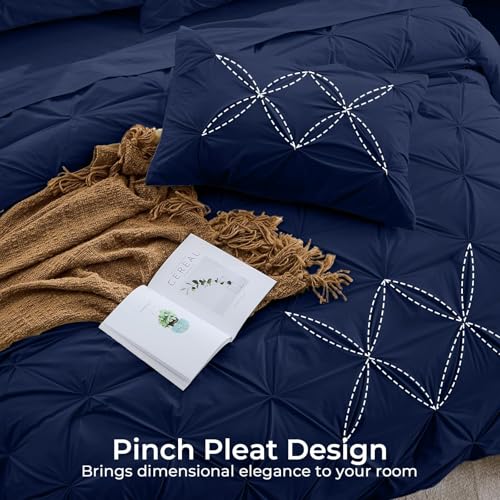 Image of Sasttie King Size Comforter Set, 7-Piece Bed in a Bag, Pintuck Bedding Sets for All Season, Includes Comforter, Flat Sheet, Fitted Sheet, Pillowcases and Pillowshams, Navy