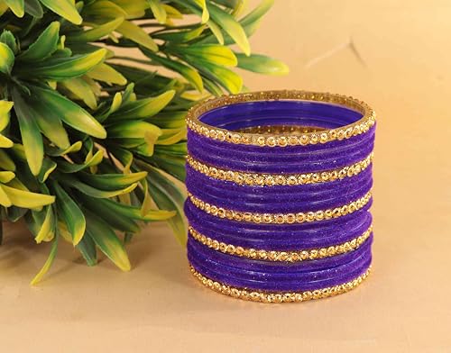 Image of NMII Premium Glass & Golden Beads Velvet Bangle Set For Women and Girls | Velvet Chudi | Traditional Chudi Set | Designer Girl's Bangles Bracelet | Wedding, Party, Festive, Daily- Set of 34