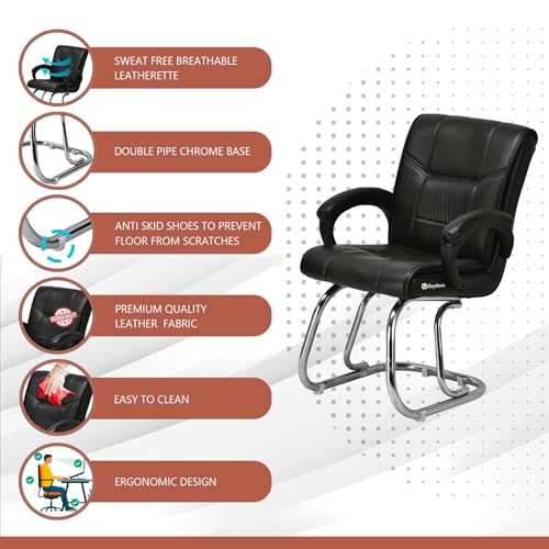 Image of Special Director Principal Office Visitor Study Chair with arm Rest and Cushioned seat Back, Chair Without Wheels, Holds Upto 125 kg (1, Black, Double Pipe Chrome Frame)