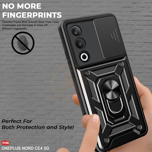 Image of Armor Bumper Back Cover Case for OnePlus Nord CE 4 5G Rotating Camera Cover, Ring Holder & Kickstand | Heavy Duty & 360 Degree Protection OnePlus Nord CE 4 5G Back Cover (Black)