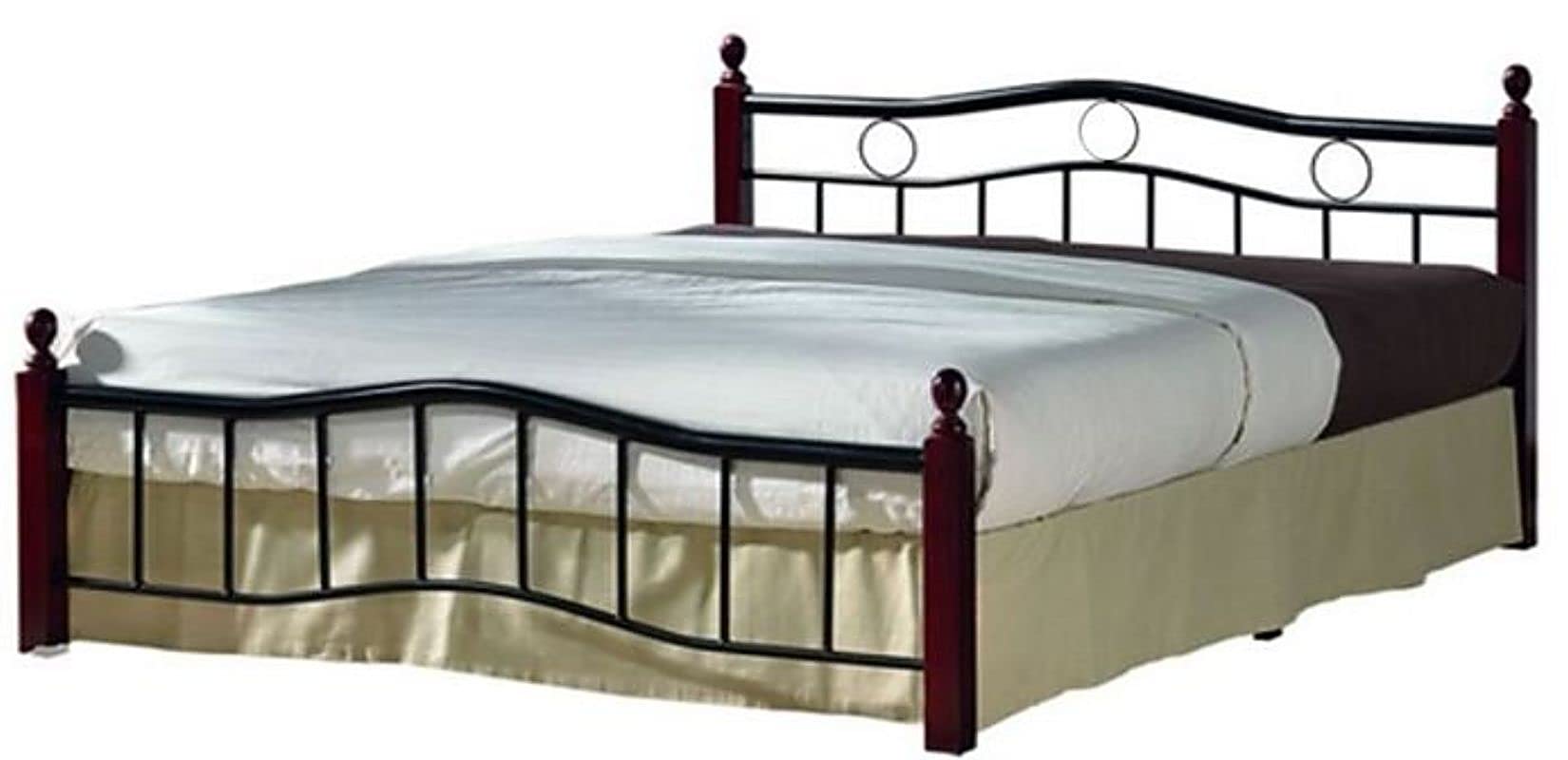 A AWF AL WADI FURNITURE SINCE 1991 Wooden Steel Double Bed Oak Brown Mahogany with Wooden Posts, Metal Slat Base and Multiple Center Supports - 129 x 199cm