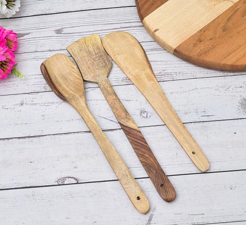 Image of Sanjeev Kapoor by OGGN Natural Wood Serving & Cooking Spoon Set of 3, Handmade Wooden Spatula Set for Cooking, Non Stick Kitchen Tools, Turner, Ladle, Pasta & Frying Spoon, Natural Cookware