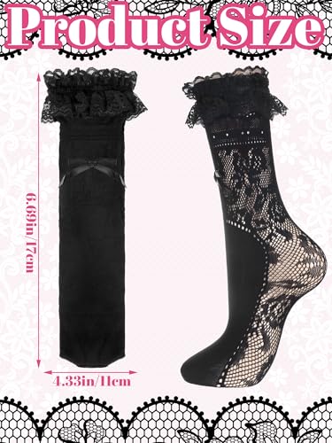 Image of Fourluoo Womens Lace Ankle Socks Classic Black and White Ruffle Frilly Socks Mesh Lace Sexy Trim Lolita Stockings for Women