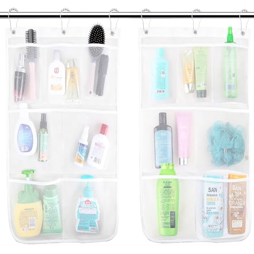 Shower Organizer, Mesh Shower Caddy, 7 Pockets With 3 Hooks, Hanging, Portable, Quick Drying, Can Store Soap, Loofah, Shampoo and Cruise Essentials, 17 Inch by 26 Inch, White, 2 Pack