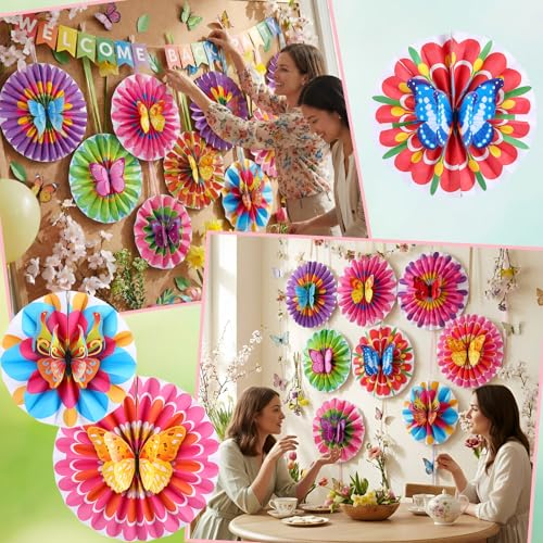 Image of Affrolling 21 Pcs Butterfly Flower Paper Fan, Butterfly Birthday Decorations, Colorful Party Decoration for Garden, for Wall Hanging Flower Decor Birthday Garland Backdrop for Tea Party