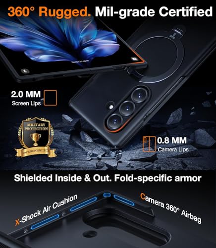 Image of TORRAS Luxury 360 Click-Lock Rotating Ostand Case for Samsung Galaxy Z Fold 7 | Mil-Grade Protection Cover | MagSafe Compatible | Premium Imported | Includes 2 Bonus Tempered Glass | Q3 Spin Black