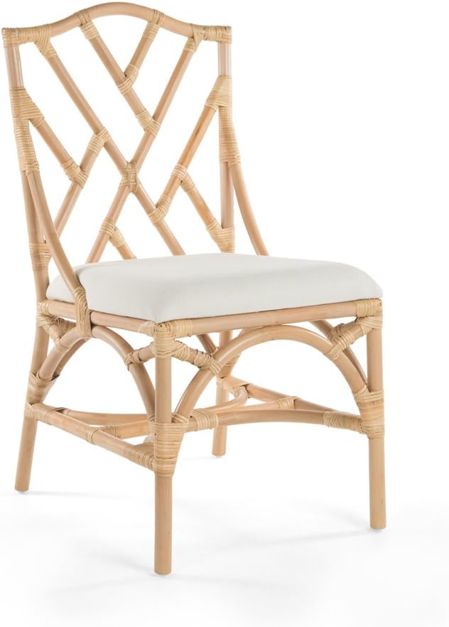 Natural Rattan Cross Back Side Chair with White Cushion