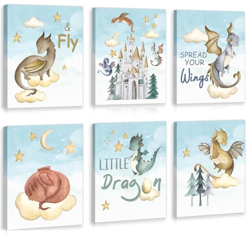 Image of CHDITB Little Dragon Wall Art, Spread Your Wings Framed Canvas Wall Art Set, Fantasy Dragon Decor, Magical Castle Painting, Inspiring Quote Art Prints For Kids Room Nursery Decor(12X16 Inch)