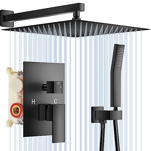NERDON Shower System, 12 Inch Matte Black High Pressure Rain Shower Head with Handheld, Wall Mounted Mixer Shower Combo Set, Bathroom Rainfall Shower head Shower Faucet Brass Shower Valve and Trim