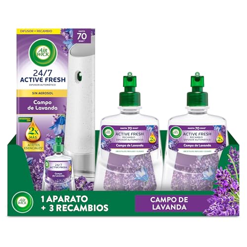 Air Wick Active Fresh Spray Automatico Sin Aerosol - Ambientador para casa con aroma a Lavanda- Pack de 1 Aparato + 3 Recambios (228mlx3)