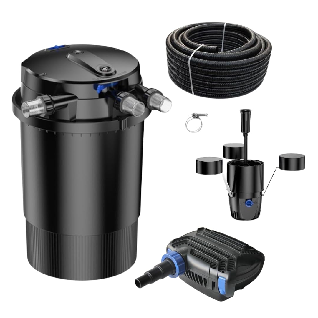 AquaOne Teichfilter Set mit Teichpumpe I Filteranlage CPU-30000 für einen Teich bis 60.000 Liter I Komplettset mit UV Lampe Eco Pumpe 70 Watt Skimmer Teichschlauch Nr.50