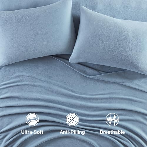Image of True North by Sleep Philosophy Micro Fleece Bed Sheet Set, Warm, Sheets with 14 inch Deep Pocket, for Cold Season Cozy Sheet-Set, Matching Pillow Case, Twin, Blue, 3 Piece