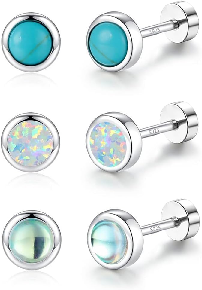 3Pairs Hypoallergenic Screw Back Stud Earrings for Women 925 Sterling Silver Earrings Opal Turquoise Moonstone Stud Set for Sensitive Ears Gifts for Her (Round Screw Back)