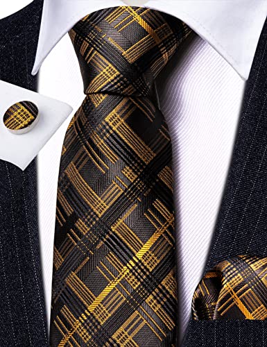Image of Barry.Wang Plaid Ties Check Mens Necktie Set with Handkerchief Cufflinks Classic Stripe