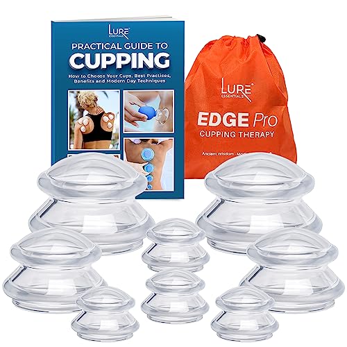 Lure Essentials Edge Silicone Cupping Set, Cupping Kit for Massage Therapy, Long Lasting Cups for Professional & Home Use, Body Sculpt Cup for Cellulite, Ultra Transparent Blue (8 Count)