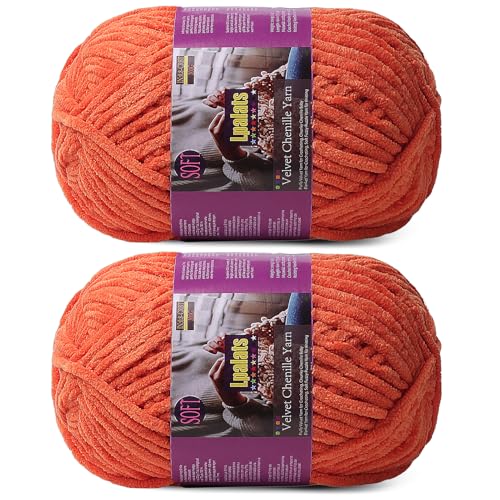 Image of Chunky Chenille Yarn for Crocheting, Orange Fluffy Blanket Yarn for Crochet | 2 Pack of 175 Yds, 7.05 Oz Fuzzy Thick Velvet Yarn for Crocheting Plush Soft Crochet Yarn for Knitting Blankets, Amigurumi