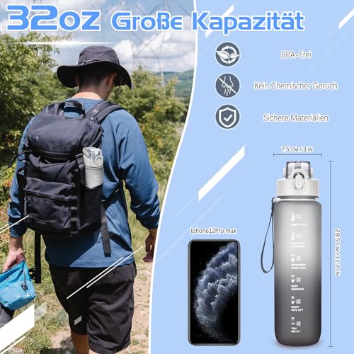 AOHAN Trinkflasche, 1l Wasserflasche BPA-Frei, Trinkflasche Sport Auslaufsicher, Sportflasche mit Zeitmarkierung für Fitness, Büro, Schule, Yoga, Outdoor