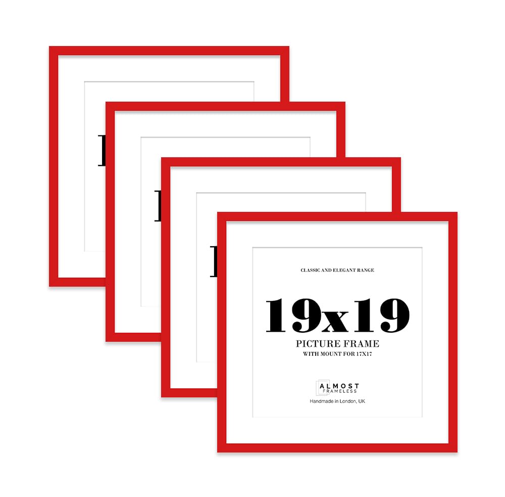 19x19 Red Picture Frame with Mount for 17x17 Photos, Prints - Modern Square Wall Frame, Set of 4