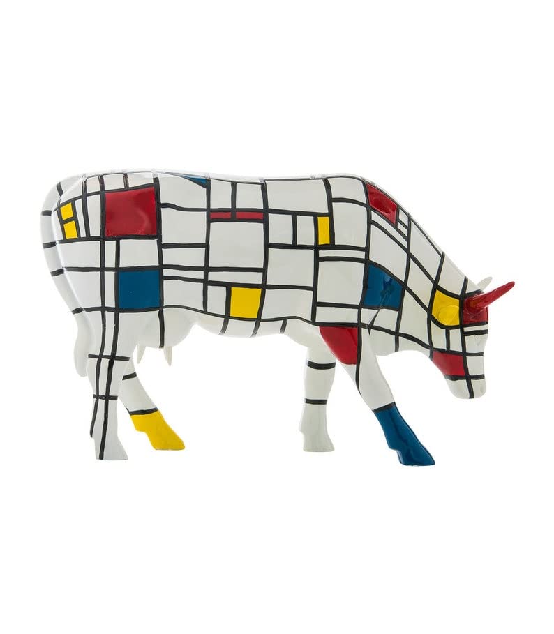 Statue de Vache Cow Parade, en céramique Multicolore. Modèle Mondrian, Longueur 16,5 cm et Hauteur 11 centimètres