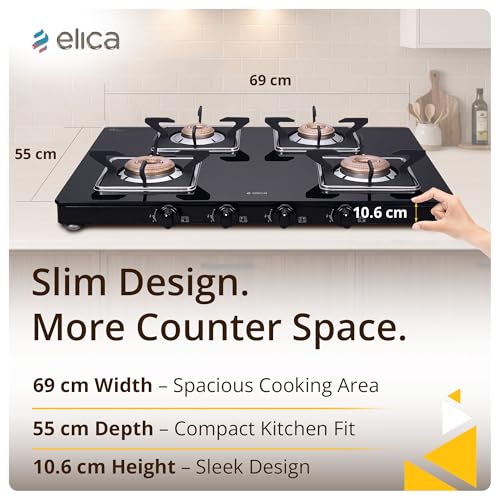 Image of Elica Slimmest 4 Burner Gas Stove | Ultra Slim Frame | Forged Brass Burners | Toughened Glass Top | 7 Year Warranty on Glass & 5 Year Warranty on Burners | 694 CT VETRO (SLIMLINE SPF 2J) | Black
