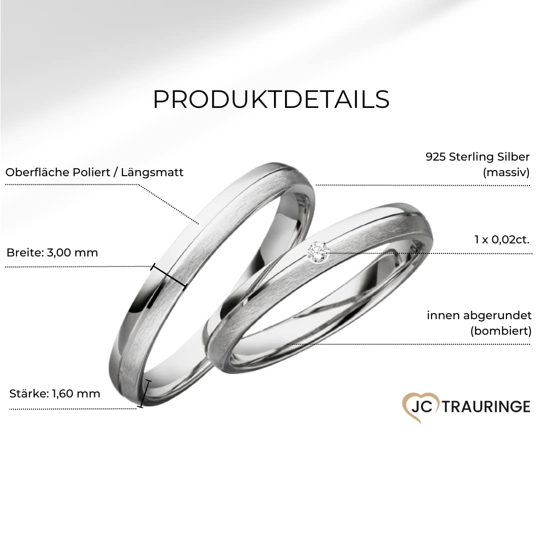 JC Trauringe 2 x Eheringe 925 Silber PAARPREIS inkl. Diamant und Gravur Ehe-ringe Verlobungs-ringe Brillant Heiraten Wedding Rings Partnerringe Platin Gold Weißgold S063