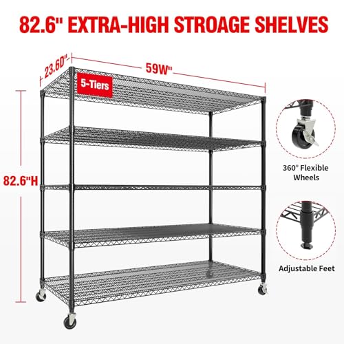 Image of GarveeTech 5-Tier Wire Storage Shelves with Wheels, 3300LBS Heavy Duty Metal Shelving Unit with Adjustable Storage Shelves for Home, Pantry & Warehouse, Easy Assembly, 82.6 inch H x 59W x 23.6 inch D