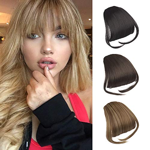 Sofeiyan Clip in Bangs Hair Extensions Fringe Bangs Lightest Ash Brown Mixed Bleach Blonde Clip on Bangs Synthetic Hair Natural Flat Bangs Hairpiece with Temple One Piece for Women Girls