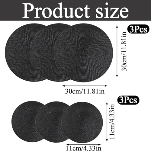 3 Set Black Placemats and Coaster Sets, Round Placemats, Table Mats and Coasters, Washable Heat Resistant for Dining Table for Indoor Outdoor Home Party Wedding - Image 3