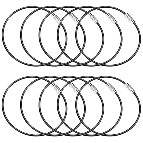 10 Inch Wire Keychain Cable,Large Stainless Steel Key Ring Loop Holder,Nylon Coated Screw Lock Key Rings,2mm Heavy Duty,Pack of 20,Black Cover
