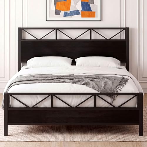 LIKIMIO King Bed Frame, Tall Industrial Headboard 51.2 ", Platform Bed Frame with Strong Metal Support, Solid and Stable, Noise Free, No Box Spring Needed, Easy Assembly, Black