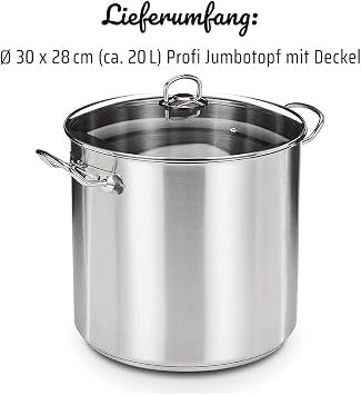 GSW Stahlwaren GmbH Jumbo Cooking Pot, Silver/Clear, 30 x 28 cm, 20 Litre