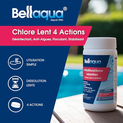 Bellaqua e-Chlore Multifonction 1kg - Galets de Chlore pour Piscine - Désinfection, Anti-Algues, Floculant, Stabilisateu